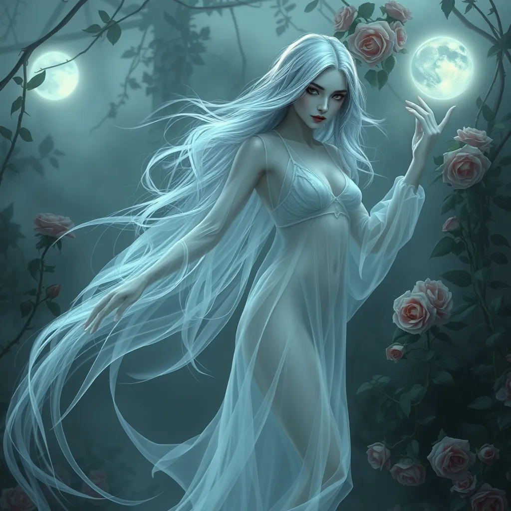 A translucent female ghost, ethereally beautiful, with long flowing silver hair and eyes that glow like moonlight, floating above a misty, overgrown Victorian garden at twilight, with roses and ivy intertwining in the background.