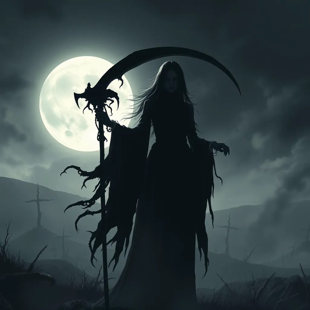 A haunting portrayal of Ker, standing at the threshold between life and death, her silhouette stark against a backdrop of a desolate, moonlit battlefield, her hands adorned with rings of bone, holding a scythe with a blade as dark as the night, her presence both terrifying and awe-inspiring.