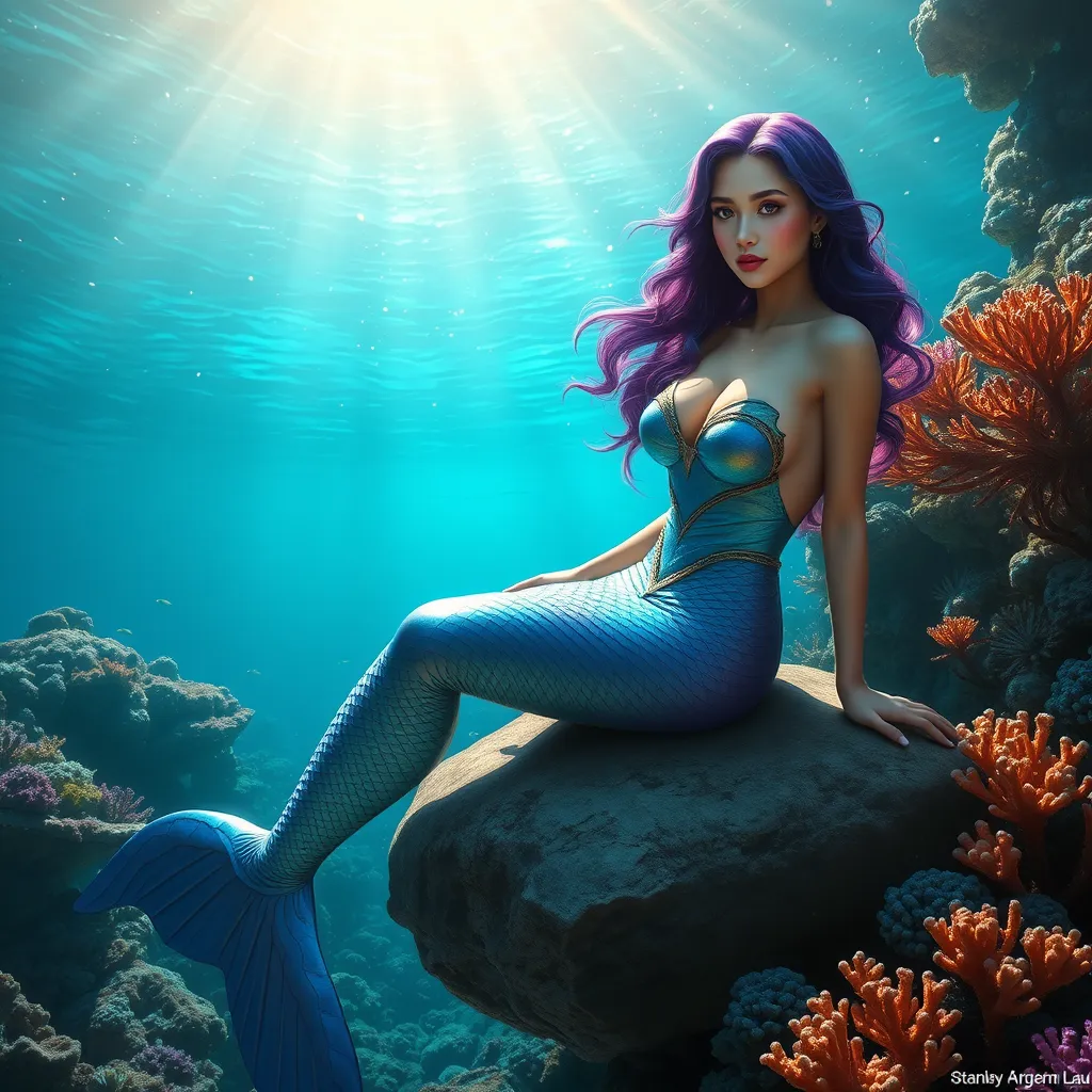 A stunning female siren with iridescent mermaid tail, sitting on a rock amidst a vibrant coral reef, sunlight filtering through turquoise waters creating a magical glow around her