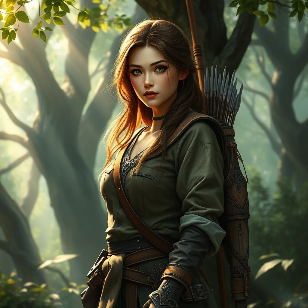 A beautiful female ranger standing amidst a dense, mystical forest, sunlight filtering through the leaves, highlighting her rugged yet elegant attire, her eyes sharp and focused, holding a traditional bow with a quiver of arrows slung over her shoulder, the background filled with ancient trees and a soft mist.