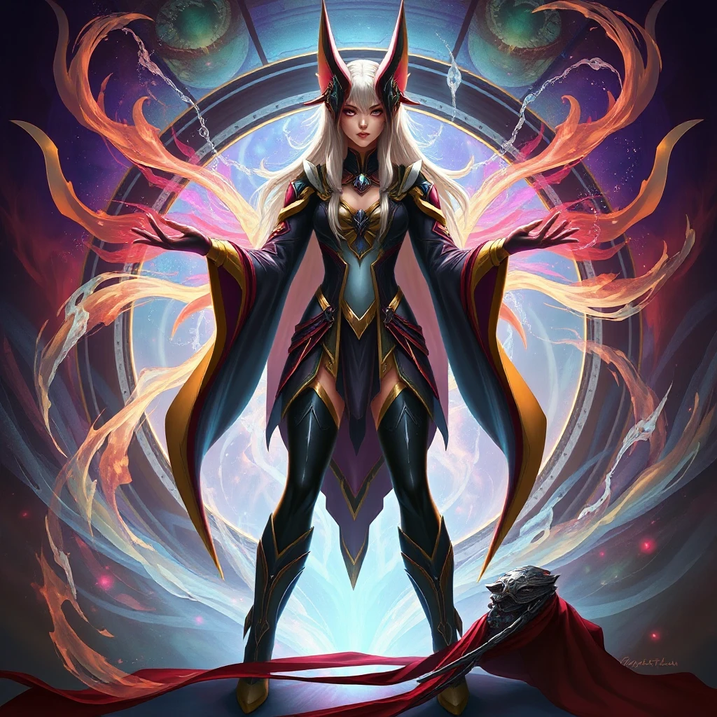 A captivating female mage standing before a portal to another dimension, her hands outstretched, controlling the swirling energies, her attire a blend of futuristic and mystical styles, the background a chaotic mix of colors and shapes