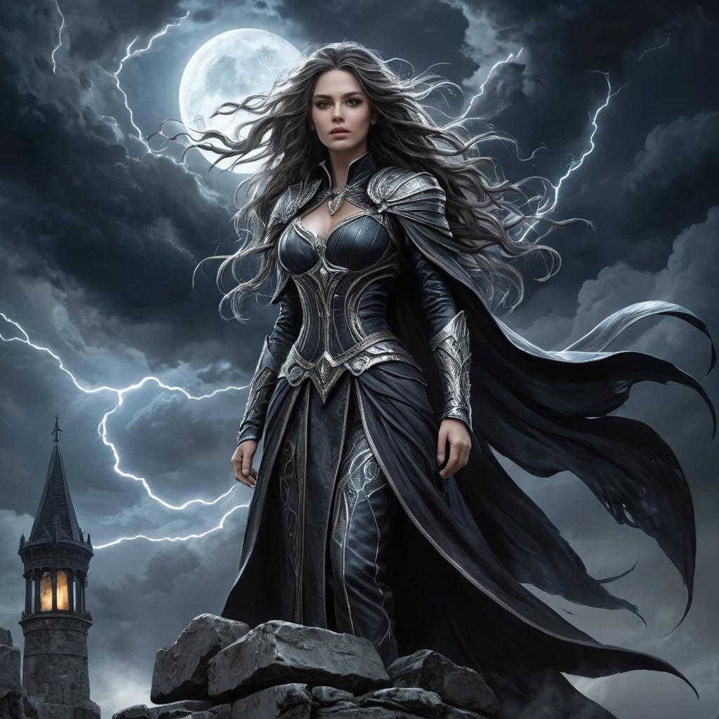 Create an image of a female wraith from Elden Ring, standing atop a crumbling stone tower, the night sky swirling with dark clouds behind her, her long, flowing hair illuminated by flashes of lightning, her ghostly attire fluttering in the tempest, embodying a mix of elegance and terror.