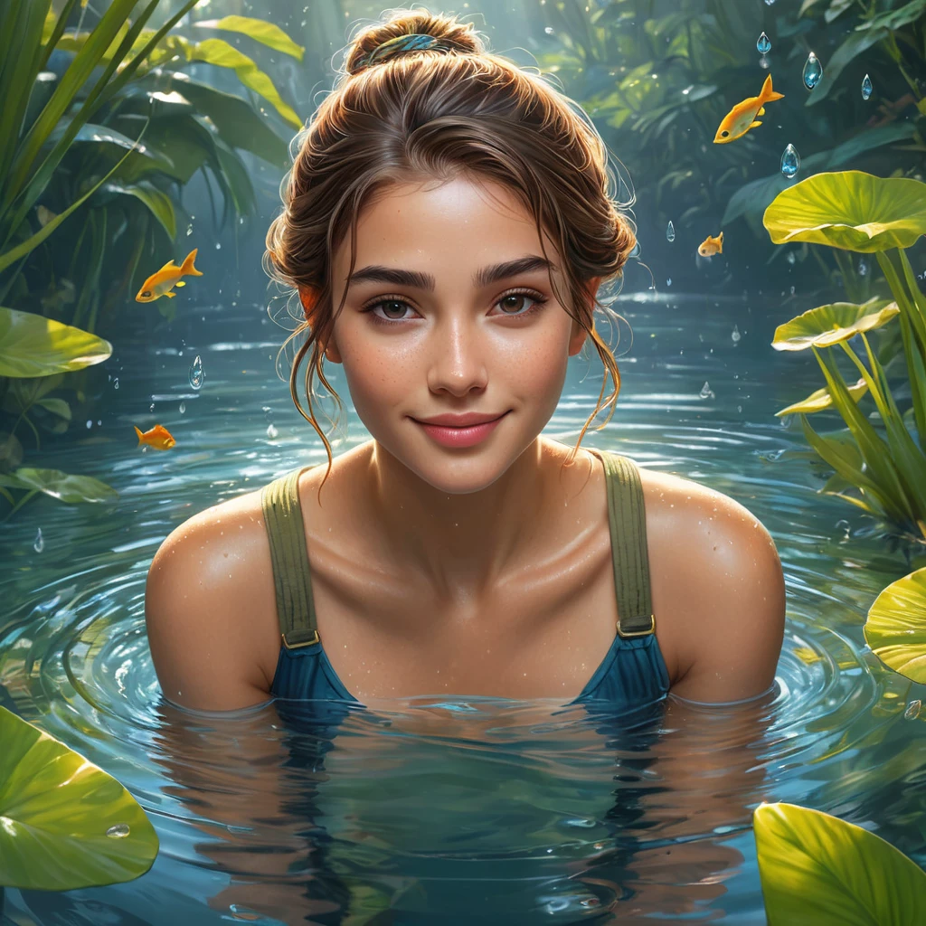 A breathtaking female ranger wading through a crystal-clear river, her clothes slightly damp, her hair tied back, a gentle smile on her face, surrounded by vibrant aquatic plants and curious fish, the water droplets glistening like jewels in the sunlight.