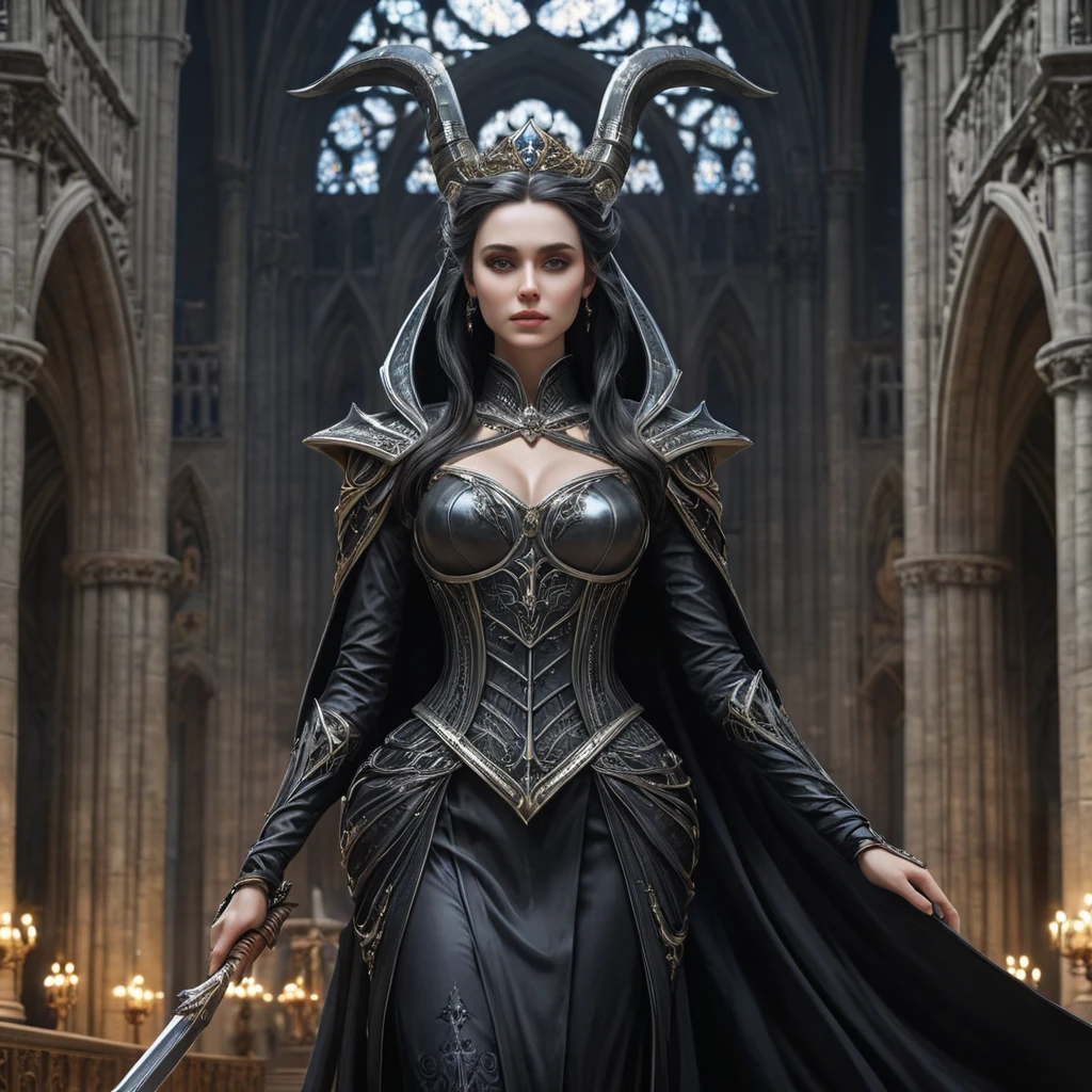 Ker, the goddess of mortality, portrayed in a grand, gothic cathedral, her presence both solemn and majestic, her attire a masterpiece of dark elegance, her scythe resting against her shoulder, her eyes gazing into the infinite abyss of death, the space around her filled with the echoes of countless lives.