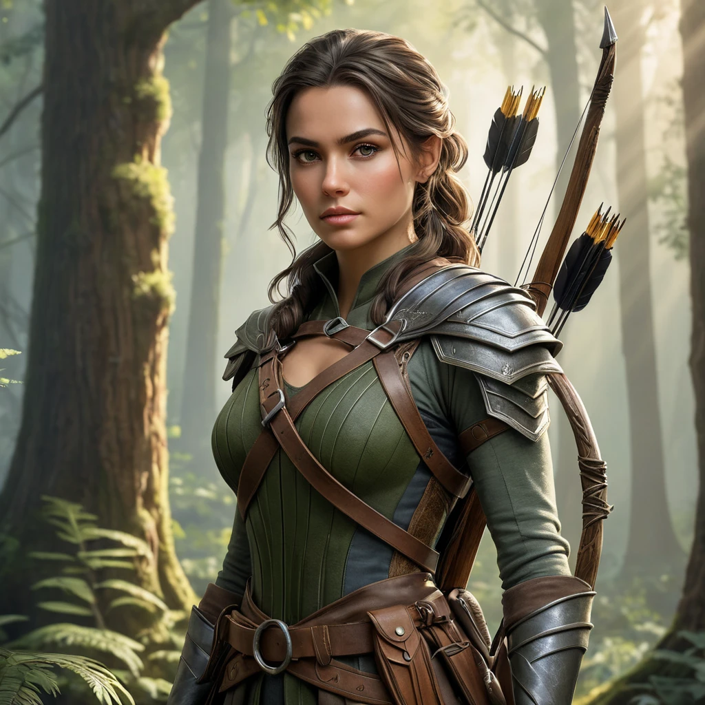 A beautiful female ranger standing amidst a dense, mystical forest, sunlight filtering through the leaves, highlighting her rugged yet elegant attire, her eyes sharp and focused, holding a traditional bow with a quiver of arrows slung over her shoulder, the background filled with ancient trees and a soft mist.