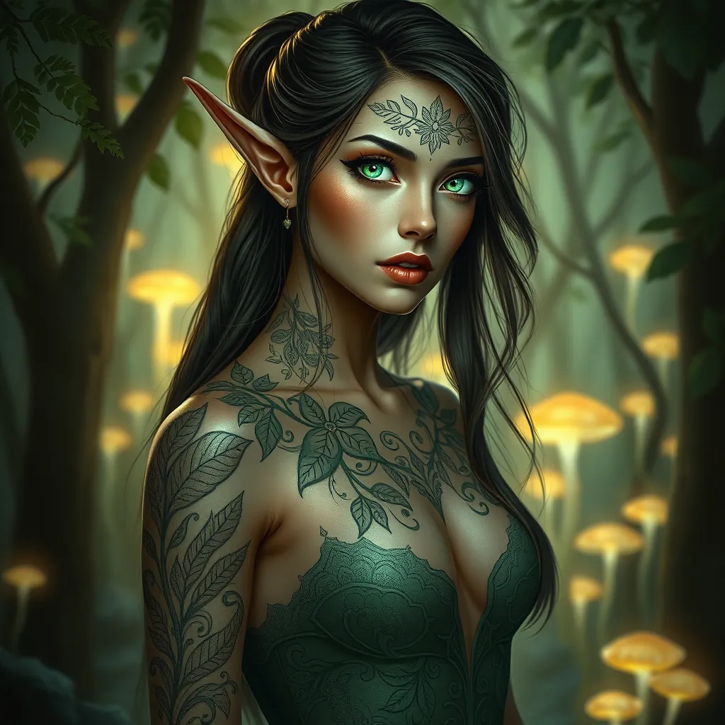 A stunning elf woman with intricate, leaf-patterned tattoos, standing amidst a luminous forest glade, her eyes reflecting the soft glow of bioluminescent fungi.