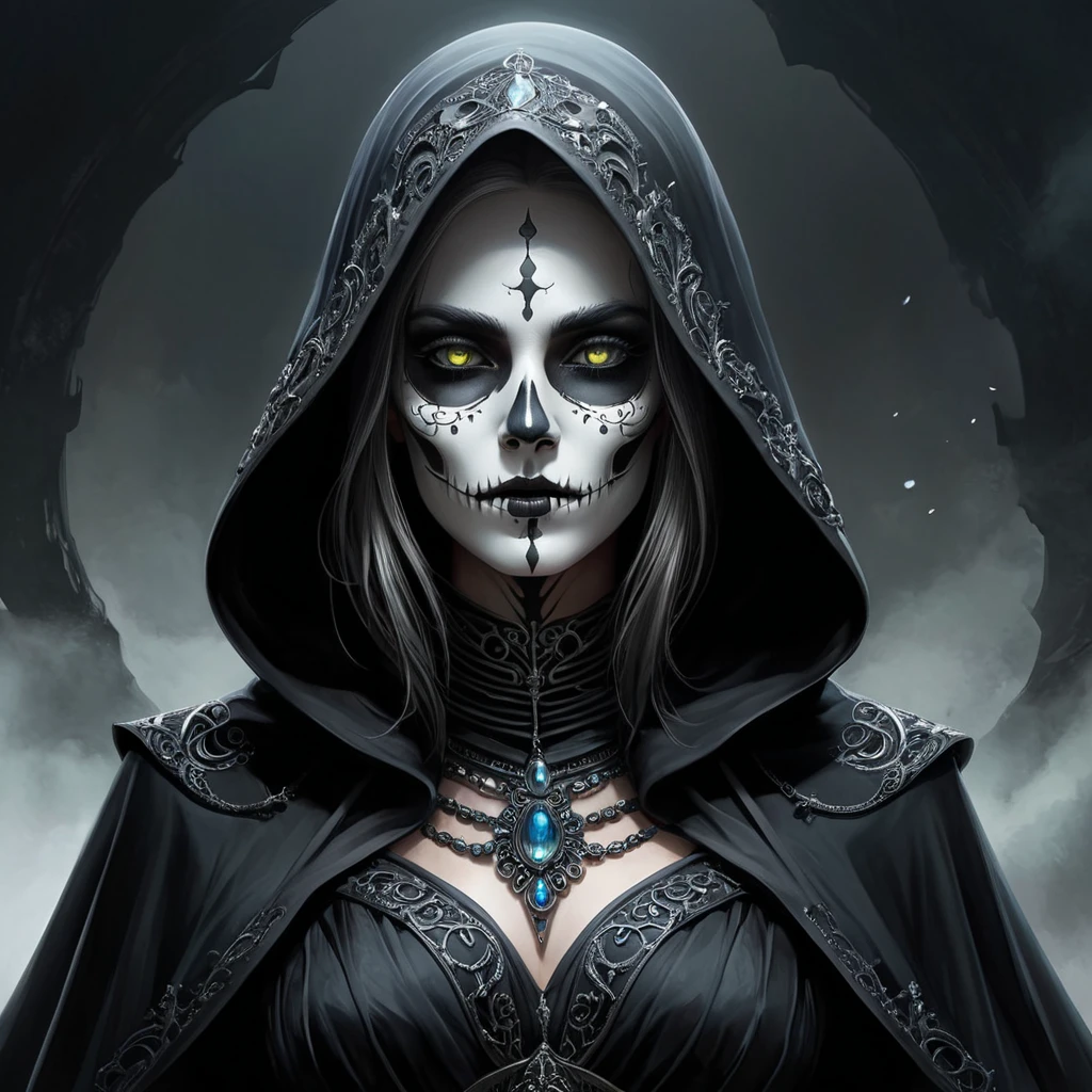 Ker, the enigmatic goddess of death, depicted in a shadowy realm, her form cloaked in a billowing black gown adorned with skeletal motifs, her face hidden beneath a hood, only her piercing eyes visible, glowing with an otherworldly light, the air around her heavy with the scent of decay.