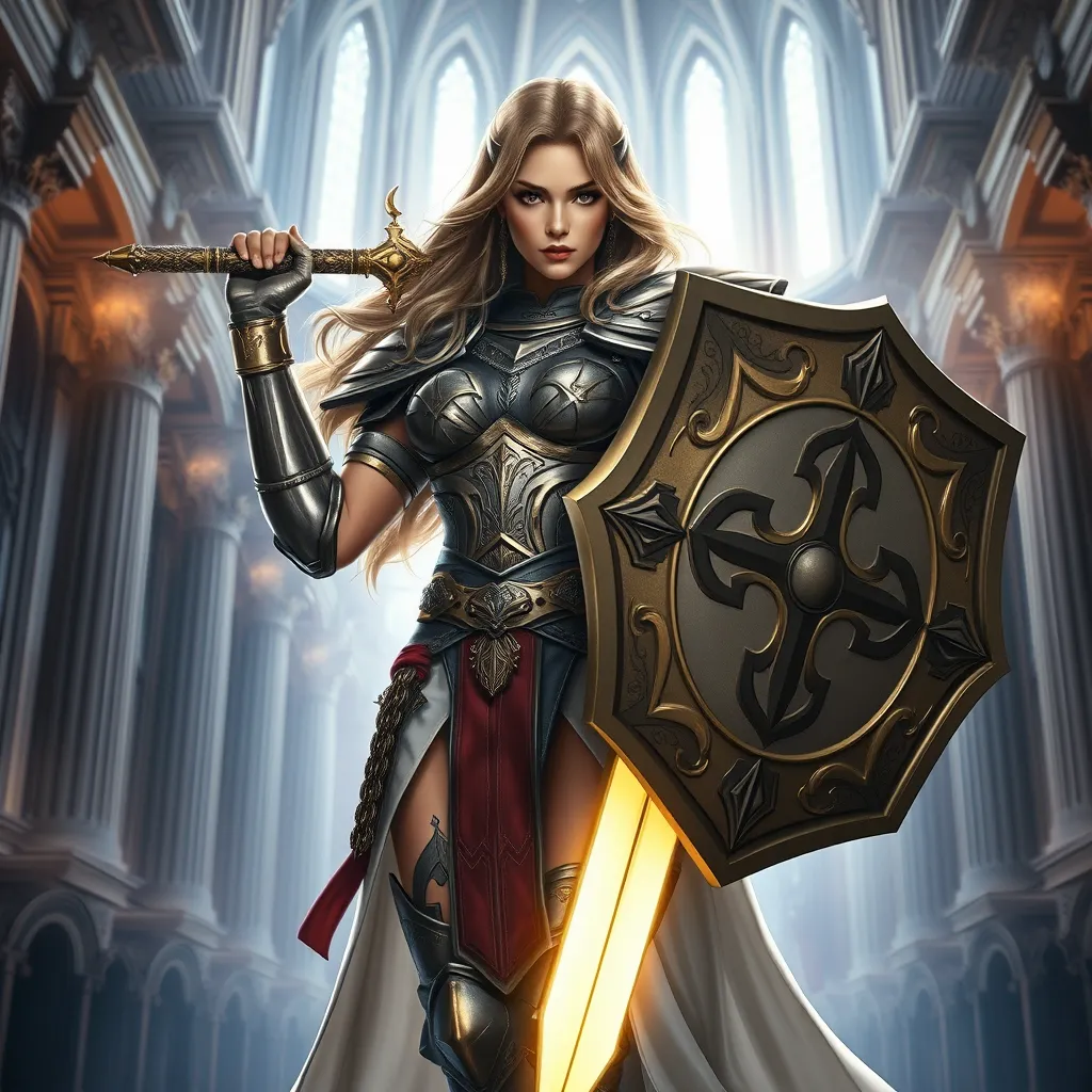 A beautiful female paladin, her eyes fierce and determined, wielding a glowing sword in one hand and a shield emblazoned with a holy symbol in the other, standing in a grand cathedral filled with light