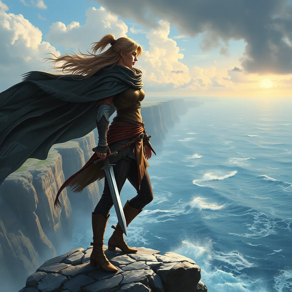 A magnificent female ranger standing at the edge of a cliff, the wind whipping her cloak around her, her gaze fixed on a distant horizon where the land meets the sea, her hand resting on the pommel of a dagger, the ocean waves crashing below, a sense of adventure and freedom in the air.