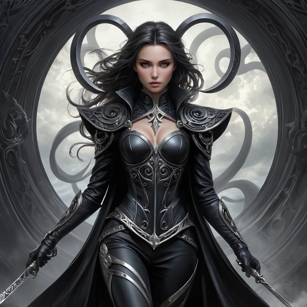 Ker in a realm of perpetual twilight, surrounded by a swirling vortex of souls, her attire a blend of black leather and bone, her eyes reflecting the endless cycle of life and death, her scythe poised, ready to reap the souls that pass into her domain.