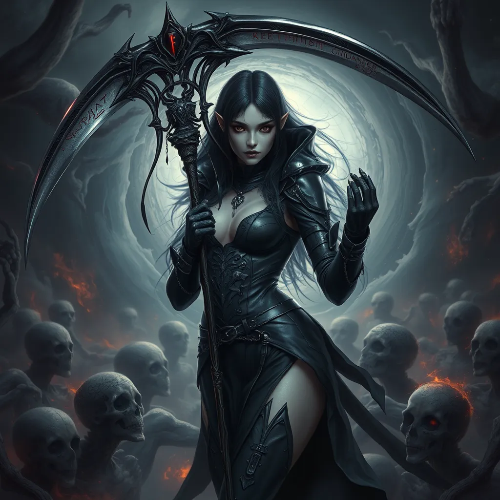 Ker in a realm of perpetual twilight, surrounded by a swirling vortex of souls, her attire a blend of black leather and bone, her eyes reflecting the endless cycle of life and death, her scythe poised, ready to reap the souls that pass into her domain.