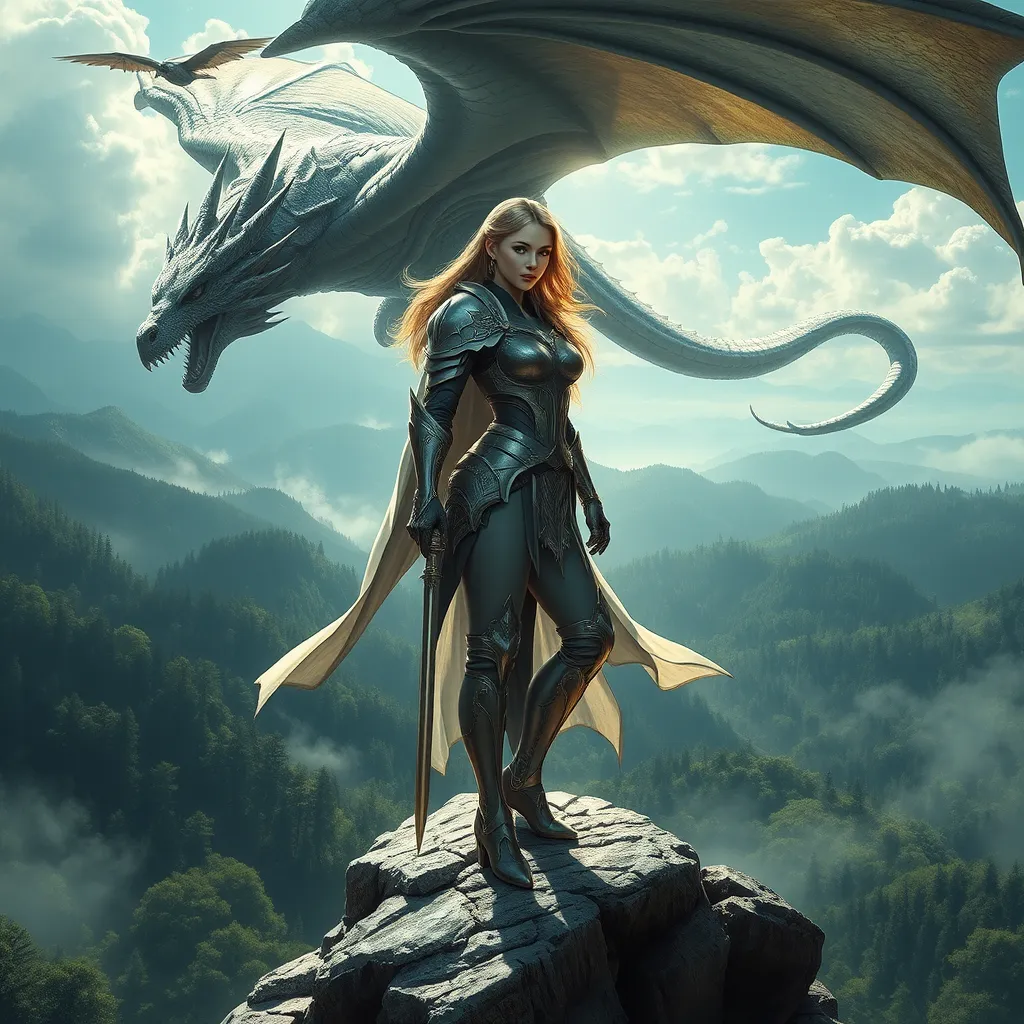 A stunning female paladin, her armor gleaming in the sunlight, standing atop a rocky cliff overlooking a vast, mystical forest, with a majestic dragon flying overhead