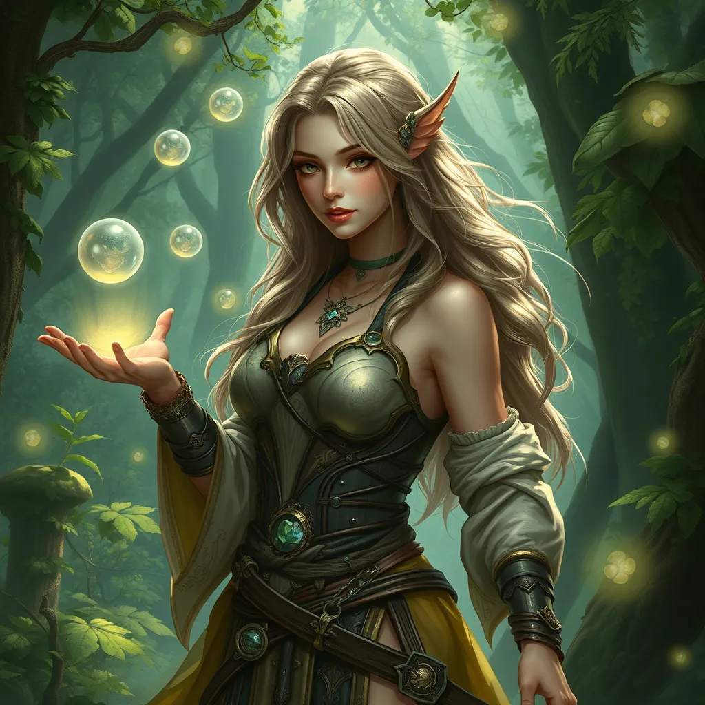 A breathtaking female mage in a lush, enchanted forest, surrounded by floating orbs of light, her attire a mix of natural elements and magical artifacts, her expression serene and focused