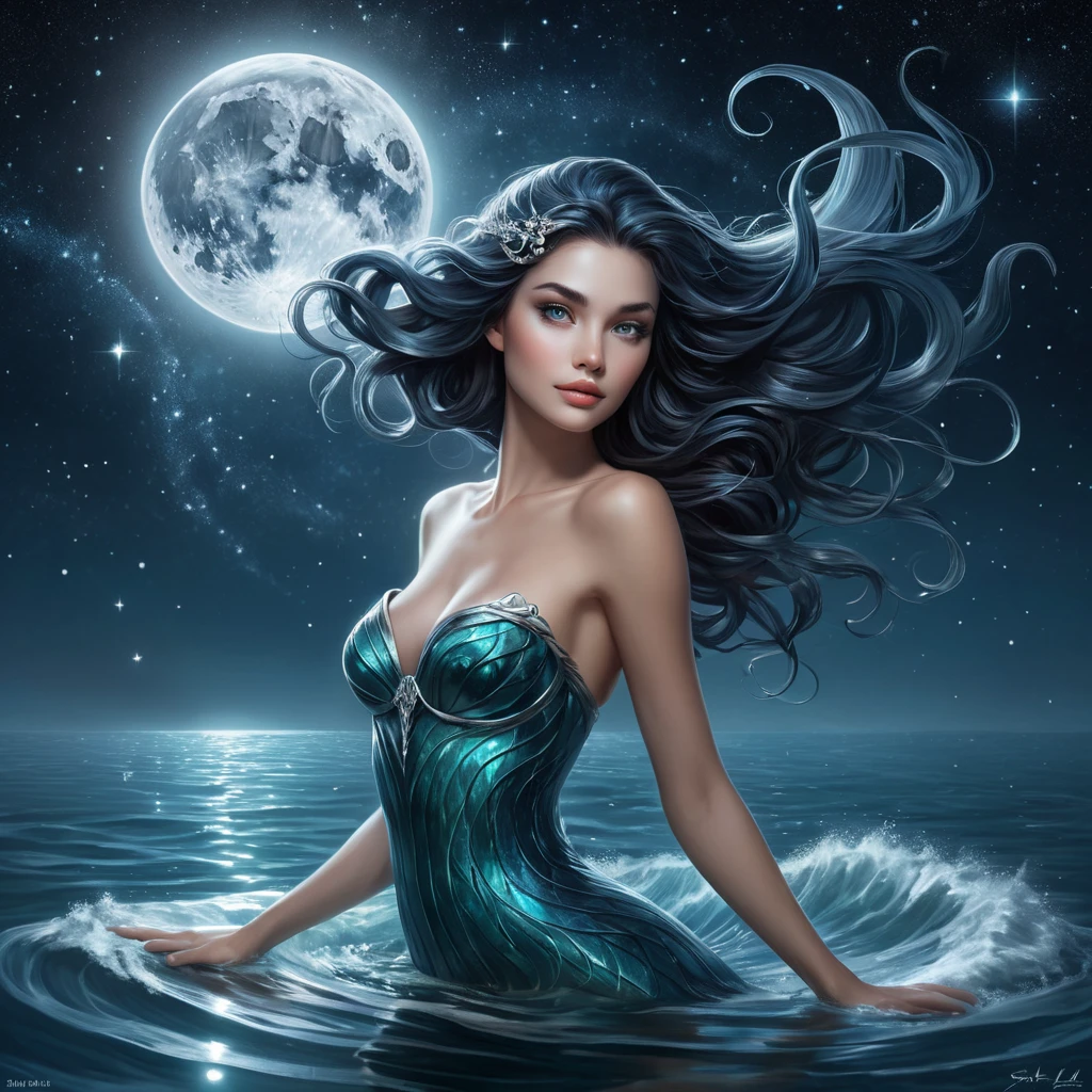 A mysterious female siren with eyes that reflect the starry night sky, floating in a moonlit lagoon, her tail transforming into waves as she interacts with the water