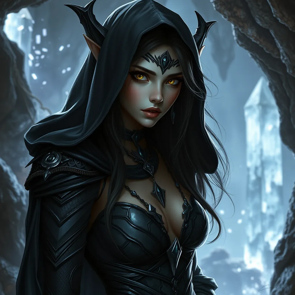 A mysterious dark elf lady, cloaked in shadows and adorned with obsidian jewelry, her eyes piercing and enigmatic, standing in a cavern bathed in the light of a thousand crystals.