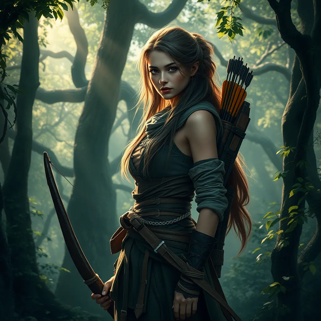 A beautiful female ranger standing amidst a dense, mystical forest, sunlight filtering through the leaves, highlighting her rugged yet elegant attire, her eyes sharp and focused, holding a traditional bow with a quiver of arrows slung over her shoulder, the background filled with ancient trees and a soft mist.