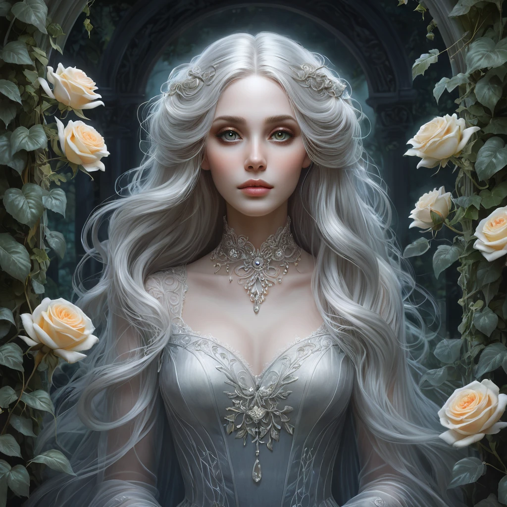 A translucent female ghost, ethereally beautiful, with long flowing silver hair and eyes that glow like moonlight, floating above a misty, overgrown Victorian garden at twilight, with roses and ivy intertwining in the background.