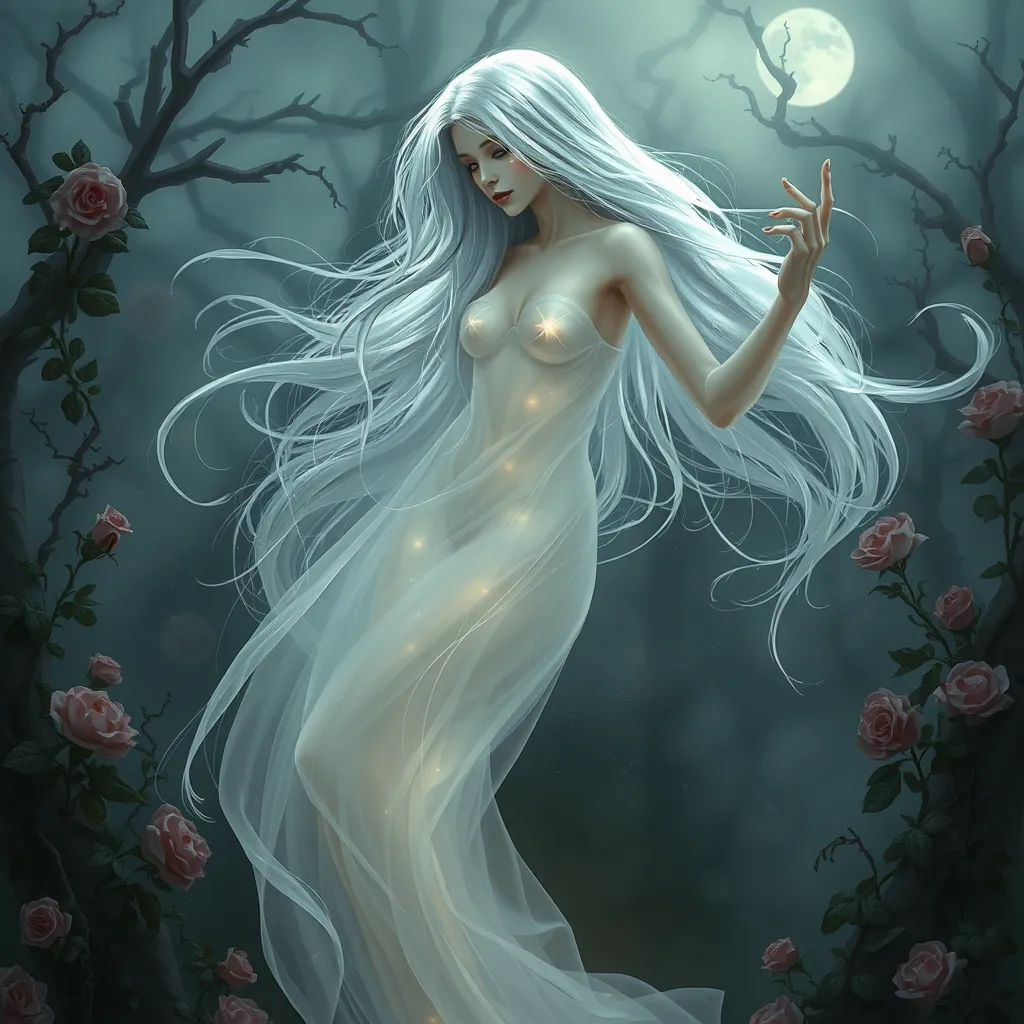 A translucent female ghost, ethereally beautiful, with long flowing silver hair and eyes that glow like moonlight, floating above a misty, overgrown Victorian garden at twilight, with roses and ivy intertwining in the background.