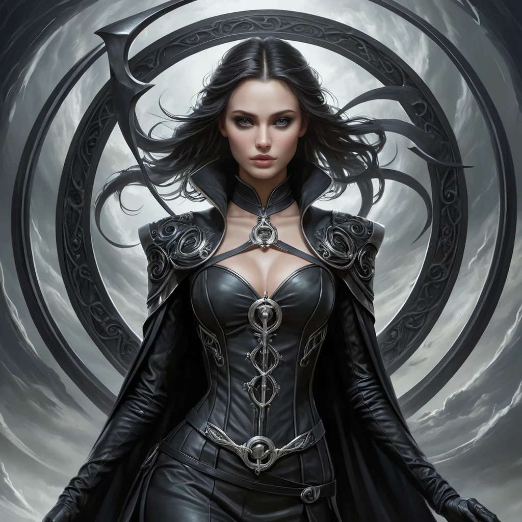 Ker in a realm of perpetual twilight, surrounded by a swirling vortex of souls, her attire a blend of black leather and bone, her eyes reflecting the endless cycle of life and death, her scythe poised, ready to reap the souls that pass into her domain.