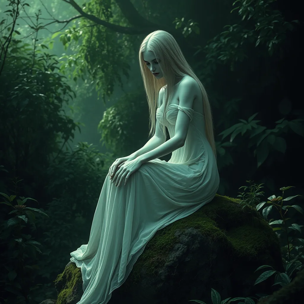 Imagine a serene yet eerie scene of a female wraith from Elden Ring, seated gracefully on a moss-covered stone, her pale hands resting gently on her knees, her serene expression contrasting with her spectral nature, the background a lush, overgrown garden bathed in soft, greenish light.