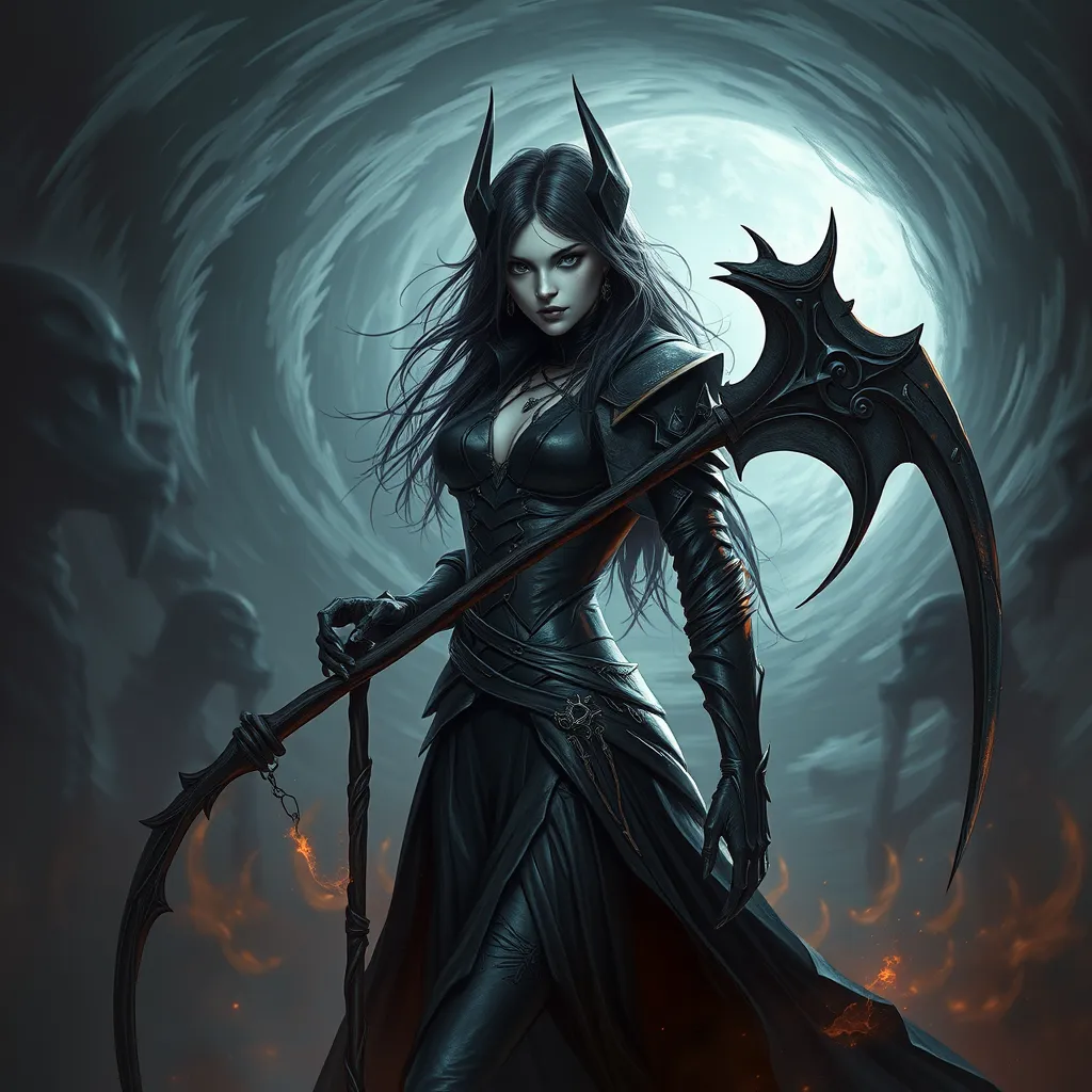 Ker in a realm of perpetual twilight, surrounded by a swirling vortex of souls, her attire a blend of black leather and bone, her eyes reflecting the endless cycle of life and death, her scythe poised, ready to reap the souls that pass into her domain.