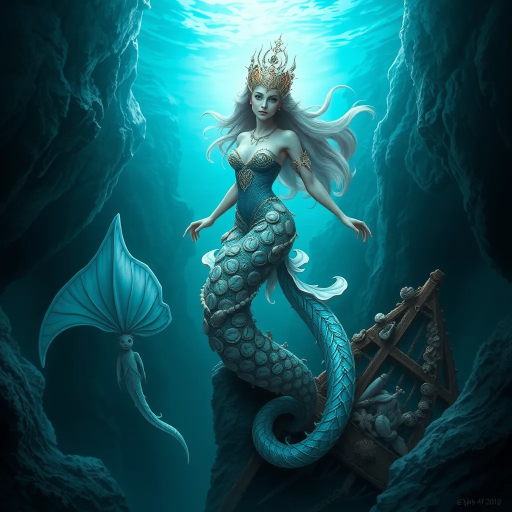 A majestic female siren with intricate seashell jewelry, perched atop a shipwreck in a deep ocean trench, her tail shimmering with the colors of the deep sea