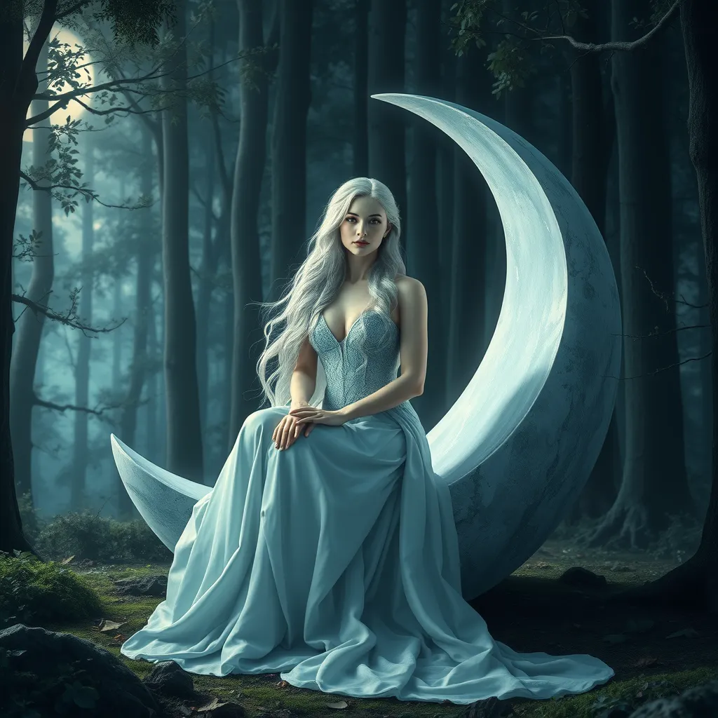 In a mystical forest clearing, Selene, the moon goddess, sits gracefully on a crescent-shaped throne made of moonstone. Her eyes shimmer like the night sky, and her hair cascades like a river of light, reflecting the gentle moonlight that filters through the trees.