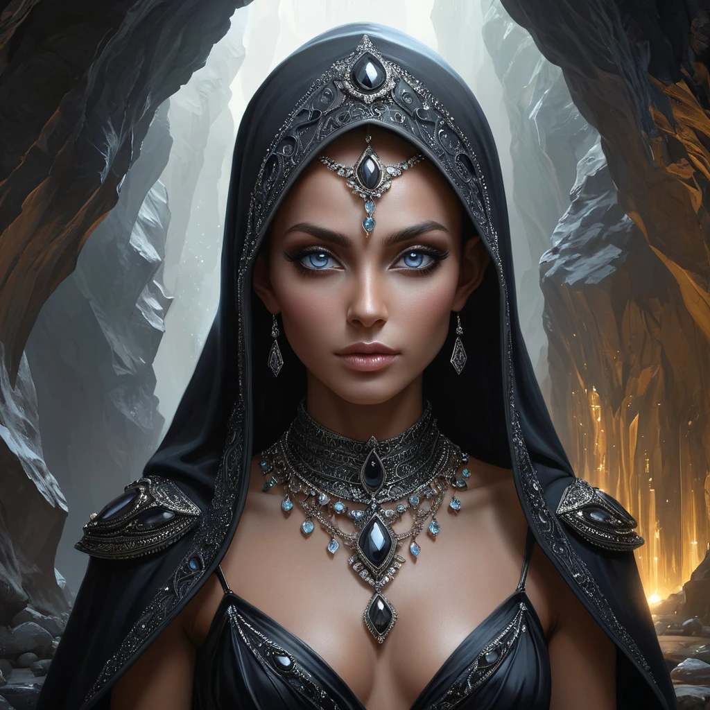 A mysterious dark elf lady, cloaked in shadows and adorned with obsidian jewelry, her eyes piercing and enigmatic, standing in a cavern bathed in the light of a thousand crystals.