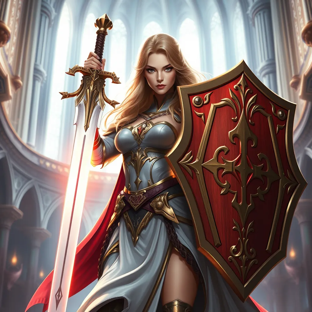 A beautiful female paladin, her eyes fierce and determined, wielding a glowing sword in one hand and a shield emblazoned with a holy symbol in the other, standing in a grand cathedral filled with light