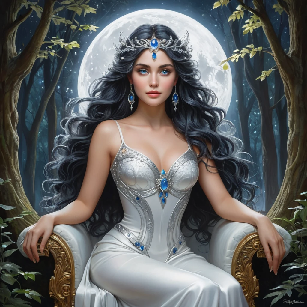 In a mystical forest clearing, Selene, the moon goddess, sits gracefully on a crescent-shaped throne made of moonstone. Her eyes shimmer like the night sky, and her hair cascades like a river of light, reflecting the gentle moonlight that filters through the trees.