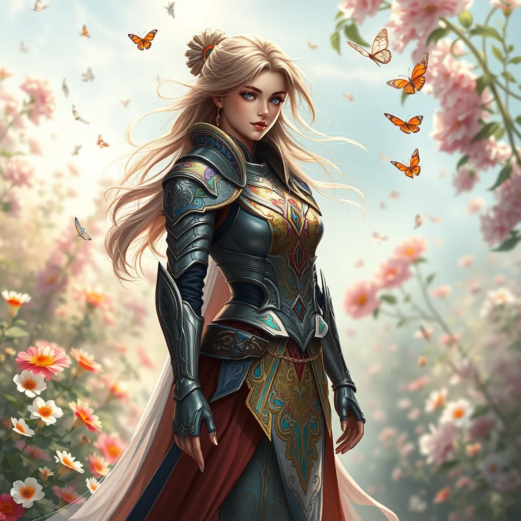 A graceful female paladin, her armor painted with vibrant colors and patterns, standing in a serene garden filled with blooming flowers and fluttering butterflies, a gentle breeze stirring her hair