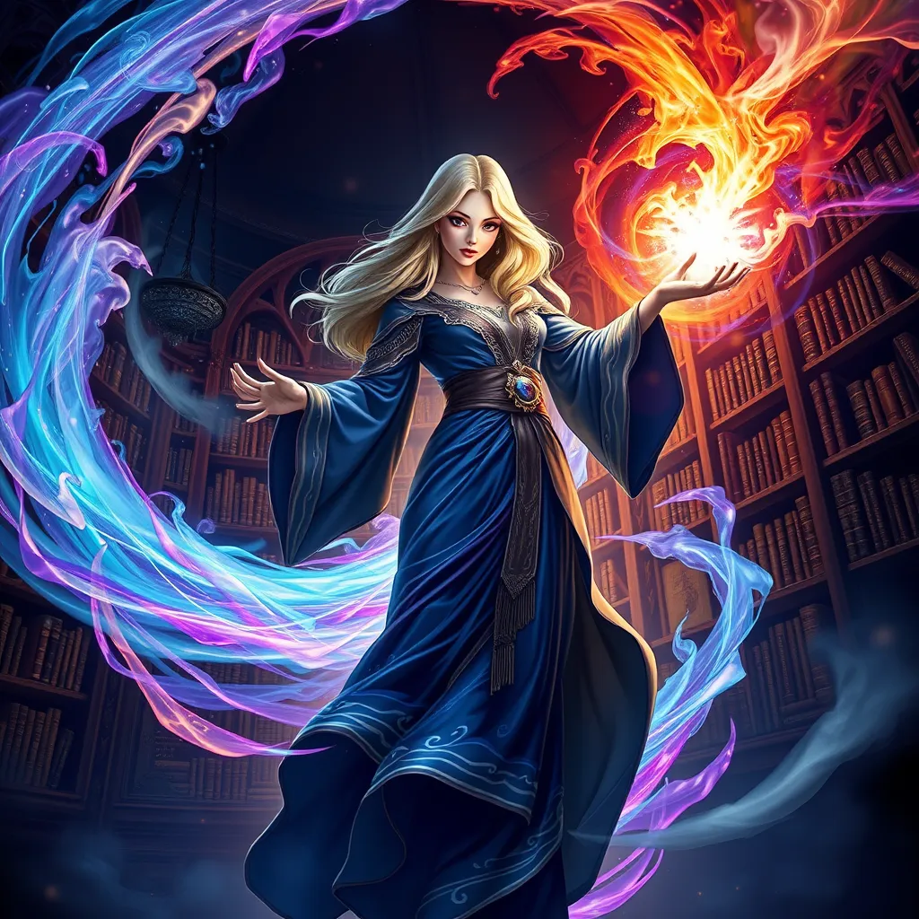 A beautiful female mage standing amidst a swirling vortex of colorful magical energies, her eyes glowing with an inner light, her robes flowing with the motion of the spell she's casting, set in a grand library filled with ancient tomes