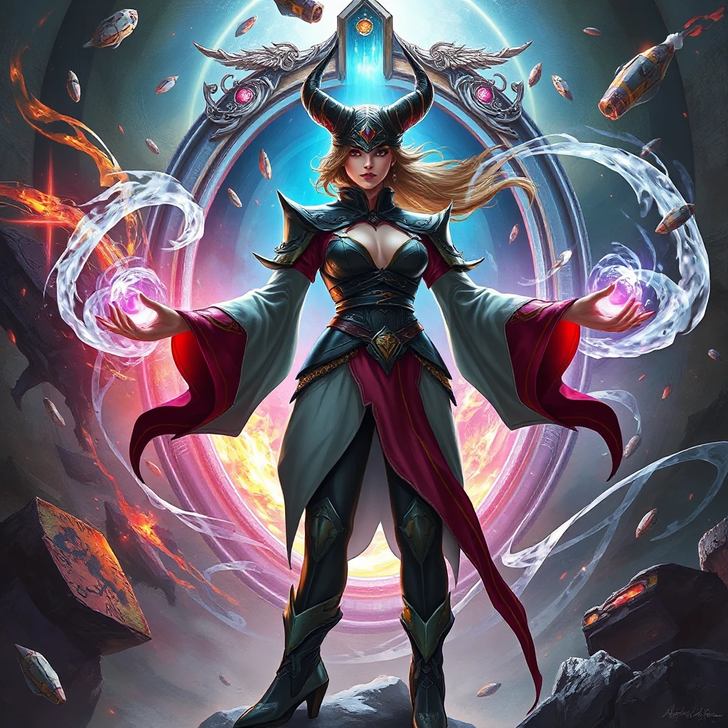 A captivating female mage standing before a portal to another dimension, her hands outstretched, controlling the swirling energies, her attire a blend of futuristic and mystical styles, the background a chaotic mix of colors and shapes