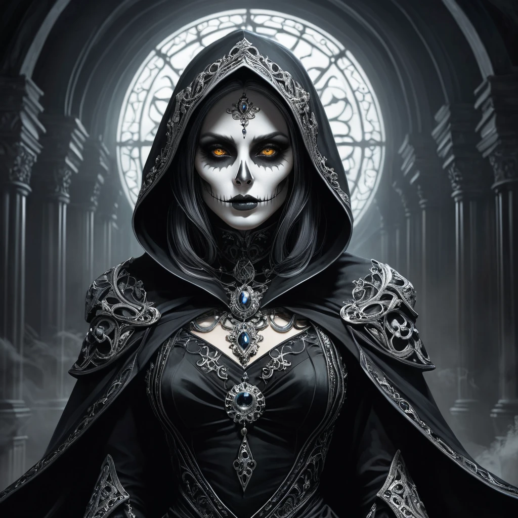 Ker, the enigmatic goddess of death, depicted in a shadowy realm, her form cloaked in a billowing black gown adorned with skeletal motifs, her face hidden beneath a hood, only her piercing eyes visible, glowing with an otherworldly light, the air around her heavy with the scent of decay.