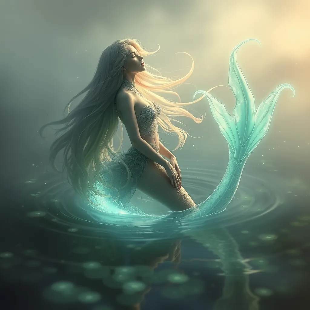 An ethereal female siren with long flowing hair, singing softly as she emerges from a misty lake, surrounded by bioluminescent algae that light up her translucent tail