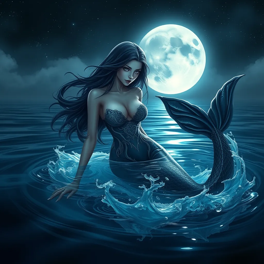 A mysterious female siren with eyes that reflect the starry night sky, floating in a moonlit lagoon, her tail transforming into waves as she interacts with the water