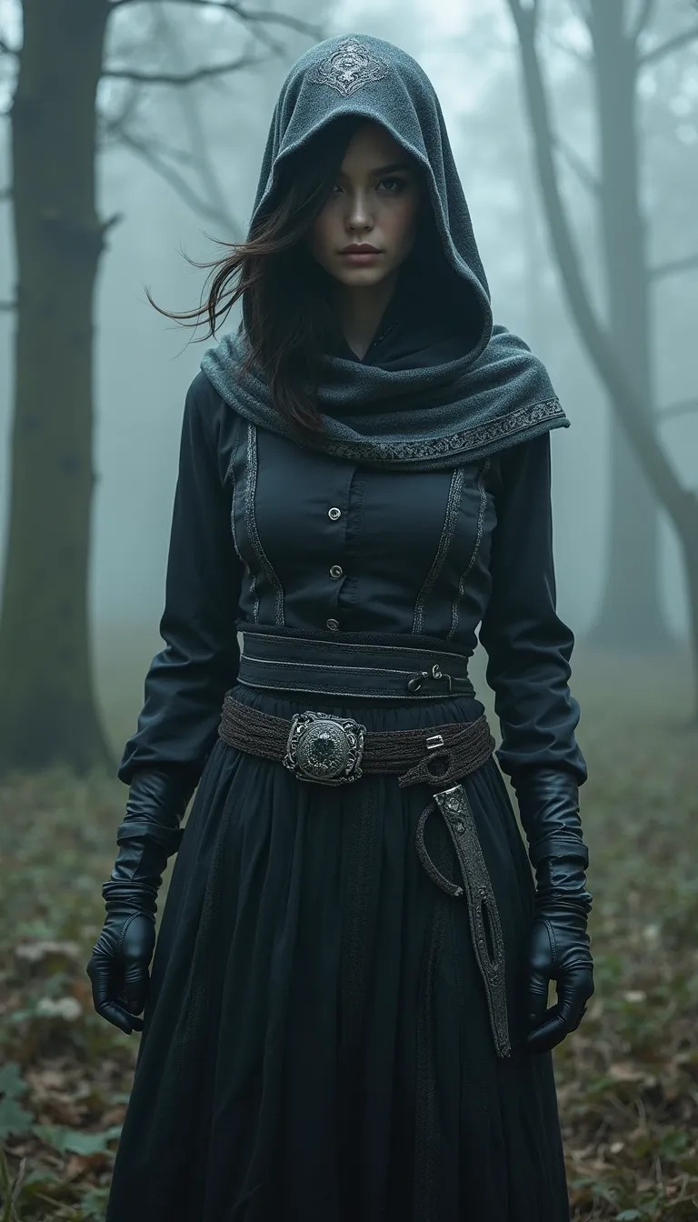 A captivating female ninja concealed within a mist-laden forest, her features partially obscured by a veil of fog, her attire a mix of stealthy dark fabrics and intricate silver detailing, the environment around her both haunting and enchanting