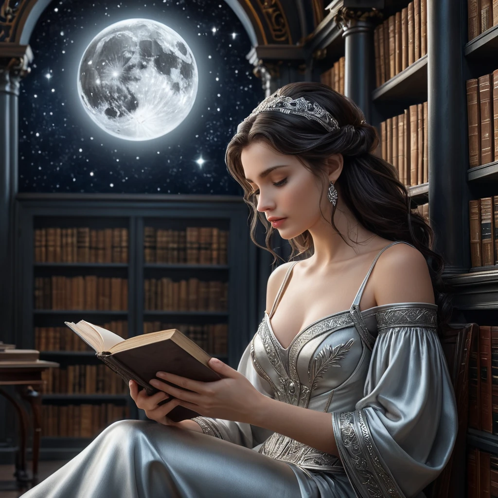 Inside a grand celestial library, Selene, the goddess of the moon, is engrossed in a tome bound in midnight velvet. The room is bathed in a soft, silvery light, and the walls are lined with books that seem to whisper secrets of the universe under the watchful gaze of the moon.