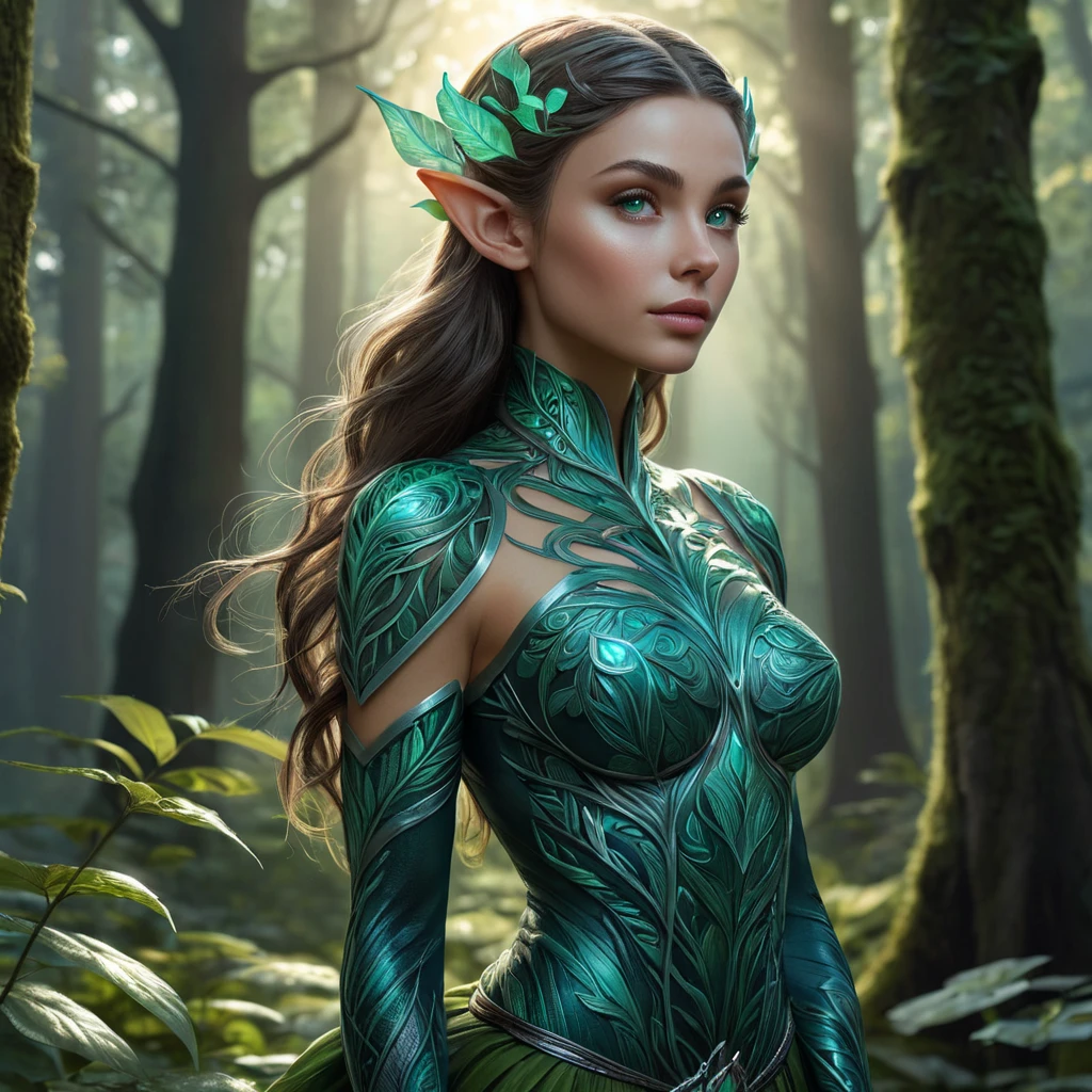 A stunning elf woman with intricate, leaf-patterned tattoos, standing amidst a luminous forest glade, her eyes reflecting the soft glow of bioluminescent fungi.