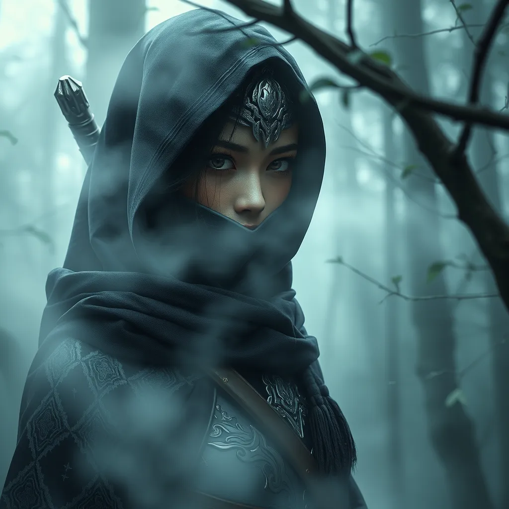 A captivating female ninja concealed within a mist-laden forest, her features partially obscured by a veil of fog, her attire a mix of stealthy dark fabrics and intricate silver detailing, the environment around her both haunting and enchanting