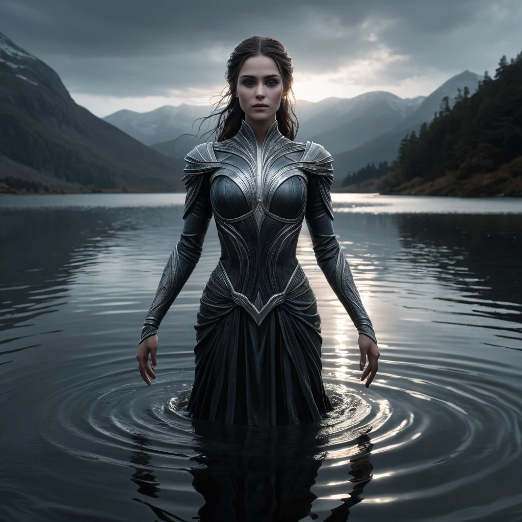 A dramatic portrayal of a female wraith from Elden Ring, emerging from a dark, foreboding lake at twilight, her form shimmering with an icy glow, her eyes reflecting the cold waters, her arms outstretched as if to embrace the encroaching darkness, the scene filled with an ominous silence.