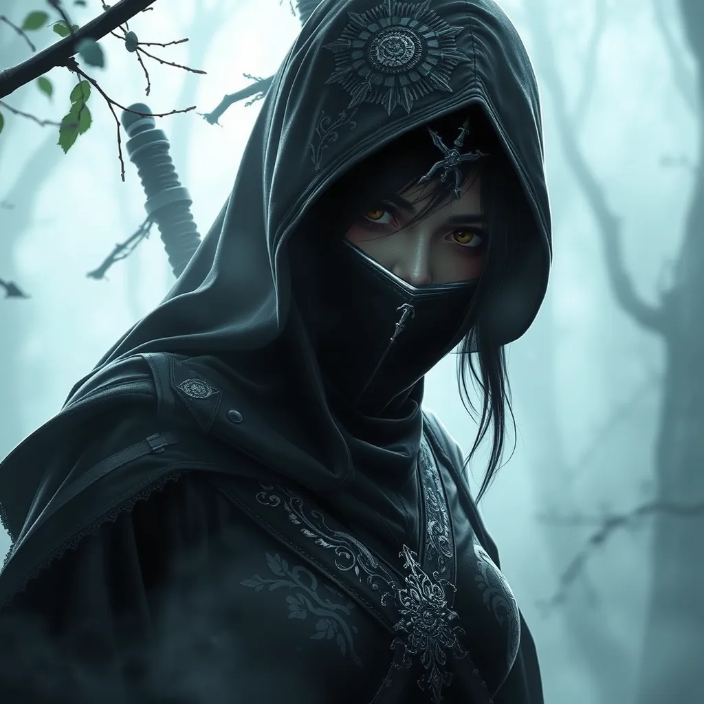 A captivating female ninja concealed within a mist-laden forest, her features partially obscured by a veil of fog, her attire a mix of stealthy dark fabrics and intricate silver detailing, the environment around her both haunting and enchanting