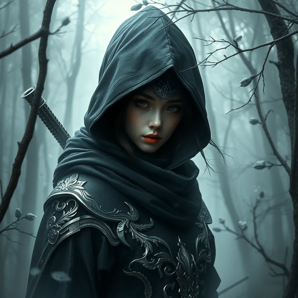 A captivating female ninja concealed within a mist-laden forest, her features partially obscured by a veil of fog, her attire a mix of stealthy dark fabrics and intricate silver detailing, the environment around her both haunting and enchanting