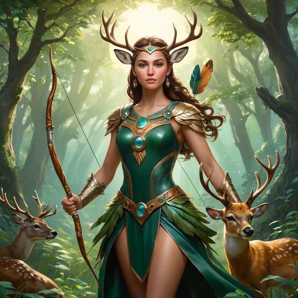 Artemis in a lush, verdant glade, surrounded by a circle of deer, her skin glowing with a soft, otherworldly radiance, her attire a mix of leather and leaves, her quiver filled with arrows fletched with feathers of various birds, the sky above her painted with the colors of dawn.