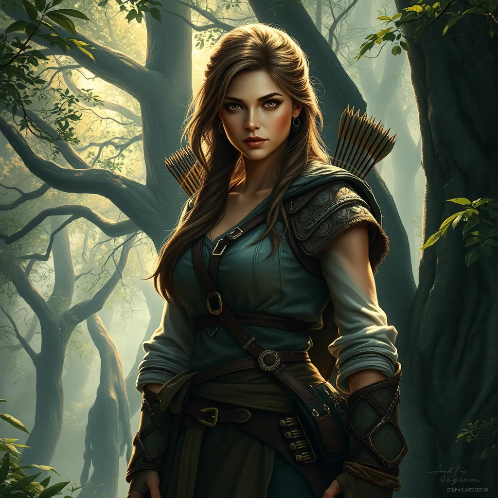 A beautiful female ranger standing amidst a dense, mystical forest, sunlight filtering through the leaves, highlighting her rugged yet elegant attire, her eyes sharp and focused, holding a traditional bow with a quiver of arrows slung over her shoulder, the background filled with ancient trees and a soft mist.