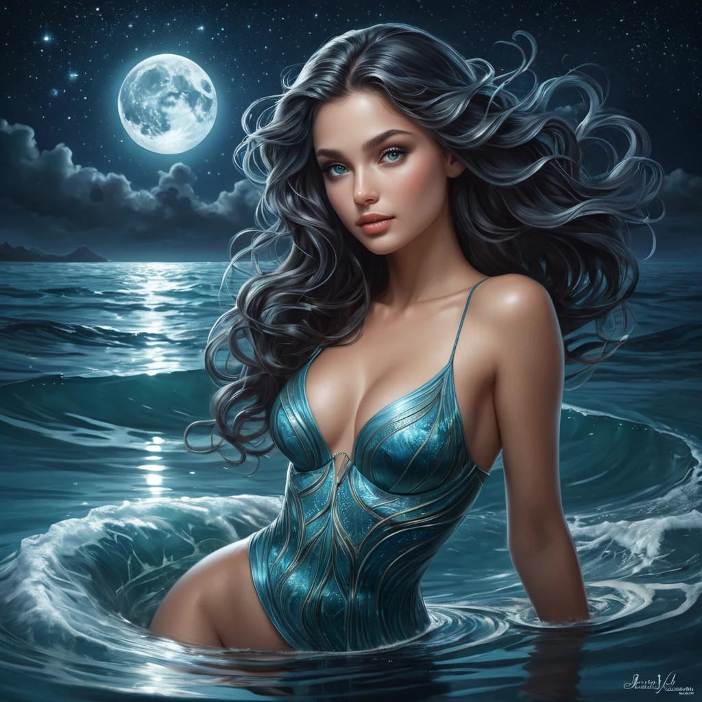 A mysterious female siren with eyes that reflect the starry night sky, floating in a moonlit lagoon, her tail transforming into waves as she interacts with the water