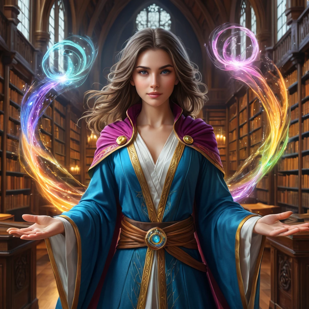 A beautiful female mage standing amidst a swirling vortex of colorful magical energies, her eyes glowing with an inner light, her robes flowing with the motion of the spell she's casting, set in a grand library filled with ancient tomes