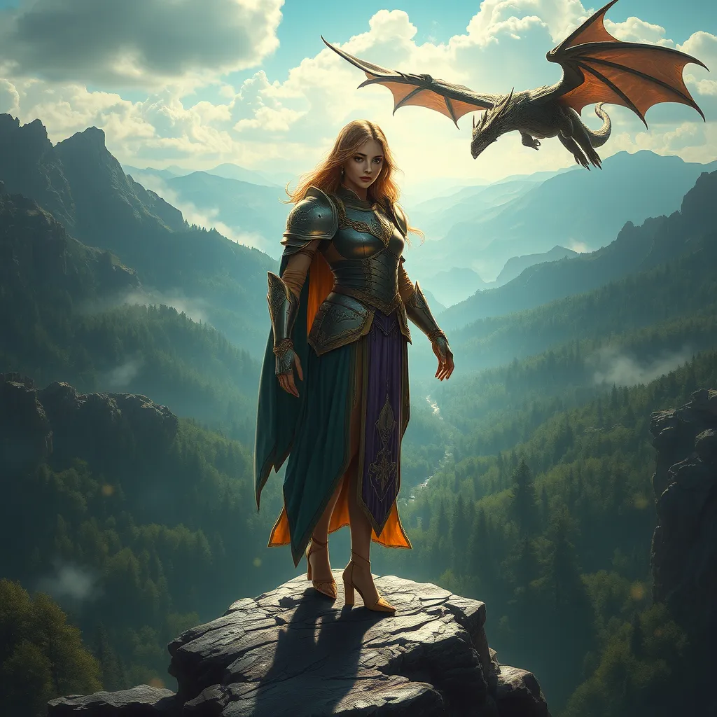 A stunning female paladin, her armor gleaming in the sunlight, standing atop a rocky cliff overlooking a vast, mystical forest, with a majestic dragon flying overhead