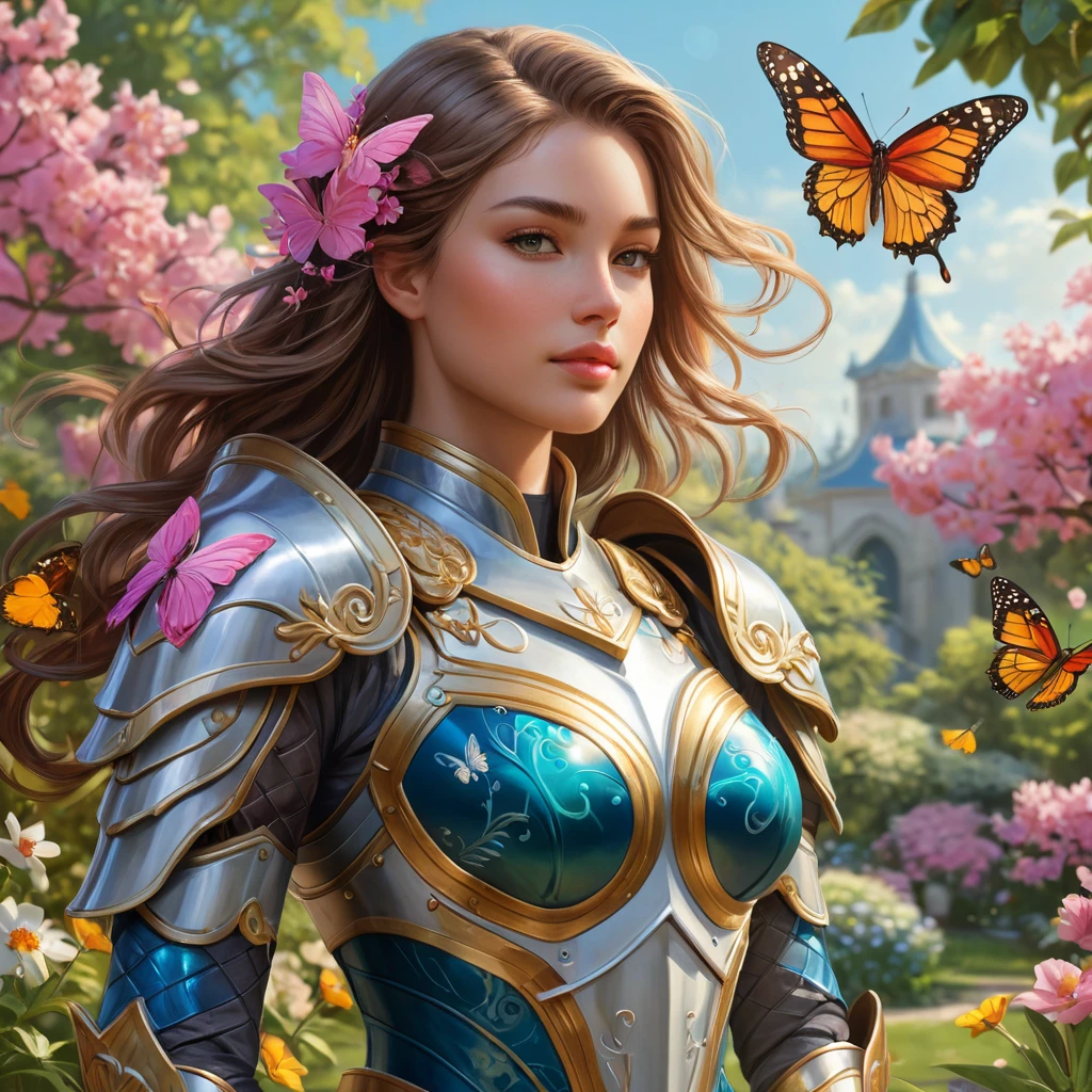 A graceful female paladin, her armor painted with vibrant colors and patterns, standing in a serene garden filled with blooming flowers and fluttering butterflies, a gentle breeze stirring her hair