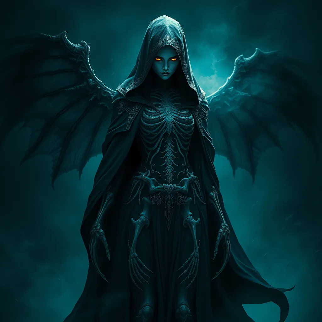 Ker, the enigmatic goddess of death, depicted in a shadowy realm, her form cloaked in a billowing black gown adorned with skeletal motifs, her face hidden beneath a hood, only her piercing eyes visible, glowing with an otherworldly light, the air around her heavy with the scent of decay.